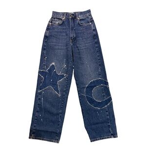 BDG Dark Blue Embroidered Wide Leg Denim Jeans Size 25 Y2K Star Moon Statement